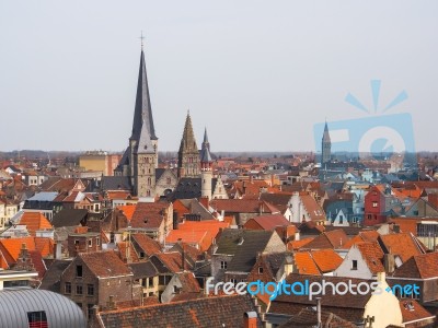 Aerial View Of Ghent From Belfry - Beautiful Medieval Buildings Stock Photo