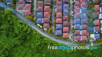 Aerial View Of Good Environmental Home Village And Green Space Of Natural Field Stock Photo