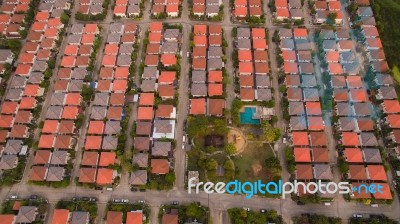 Aerial View Of Home Village In Thailand Use For Land Development And Property Real Estate Business Stock Photo