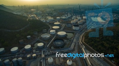 Aerial View Of Oil Tank Storage In Heavy Petrochemical Industries Estate Plant Stock Photo