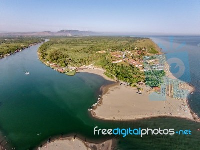 Aerial View Of The River Bojana And The Ada Bojana Island, Montenegro Stock Photo