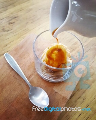 Affogato Coffee With Ice Cream On A Glass Cup On Wooden Background Stock Photo