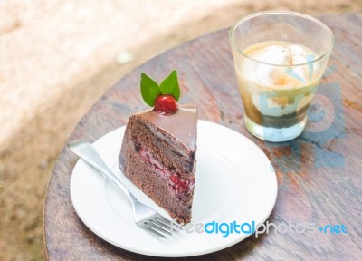 Affogato Espresso And Black Forest Cake Stock Photo