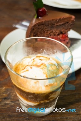 Affogato Espresso And Black Forest Cake Stock Photo