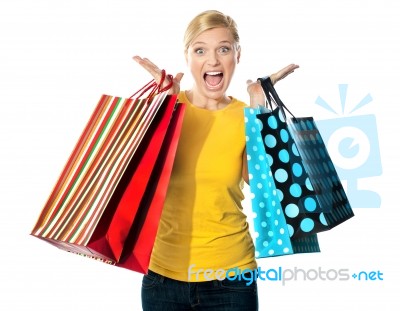 Afraid Shopping Lady With Bag Stock Photo