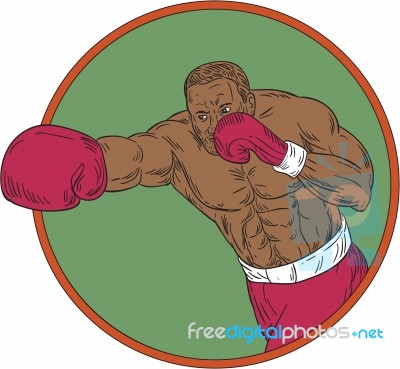 African-american Boxer Right Hook Circle Drawing Stock Image