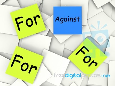 Against For Post-it Notes Mean Disagree With Or Support Stock Image