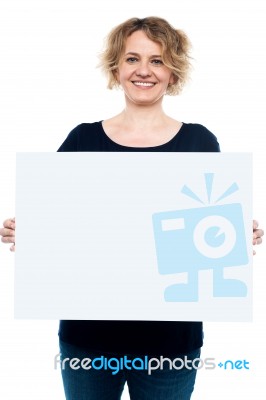 Aged Lady Showing Blank White Board Stock Photo