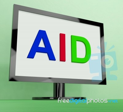 Aid On Monitor Shows Aiding Help Or Relief Stock Image