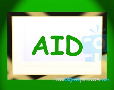 Aid On Screen Shows Assist Aiding Help Or Relief Stock Image