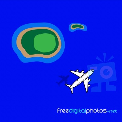 Airplane Fly Sea Island  Stock Image