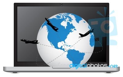 Airplane Travel Around The World On Laptop Stock Image