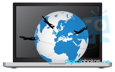 Airplane Travel Around The World On Laptop Stock Image