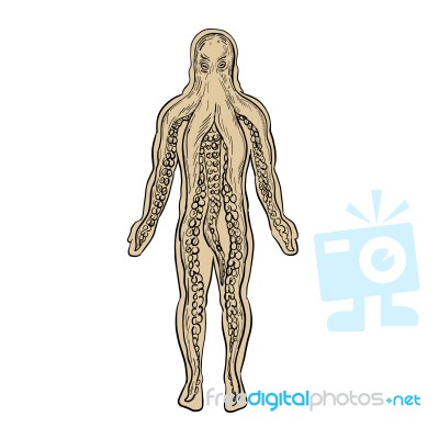 Alien Octopus Inside Human Body Drawing Stock Image