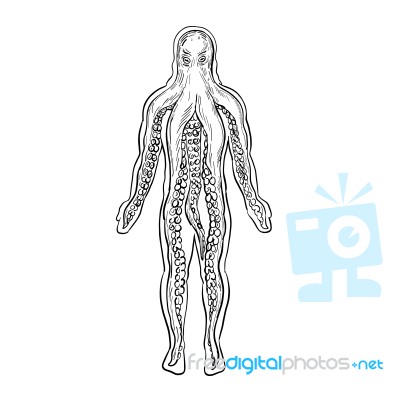 Alien Octopus Inside Human Body Drawing Black And White Stock Image