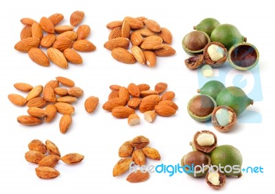 Almond And Macadamia Nuts Isolated On White Background Stock Photo