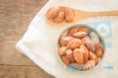 Almond Grain Roast Salt On Weathered Wooden Table Stock Photo