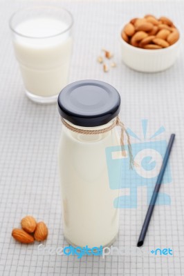 Almond Milk In Bottle Stock Photo