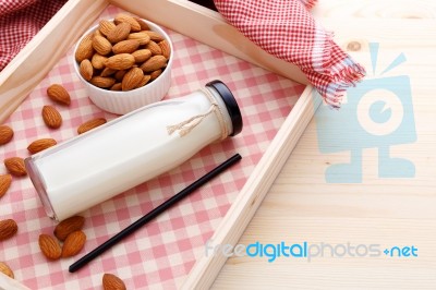 Almond Milk With Almonds Stock Photo