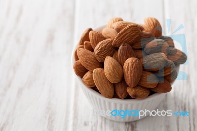 Almond Nut Organic Healthy Snack Vegan Vegetarian White Background Stock Photo