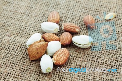 Almonds On Sackcloth Stock Photo