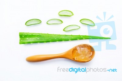 Aloe Vera Fresh Leaves With Aloe Vera Gel On Wooden Spoon Stock Photo