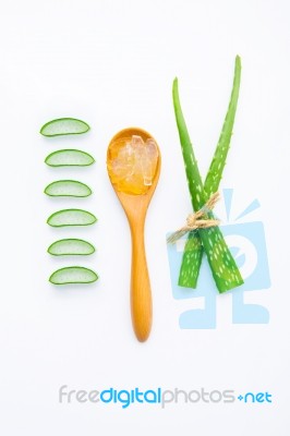 Aloe Vera Fresh Leaves With Aloe Vera Gel On Wooden Spoon. Isola… Stock Photo