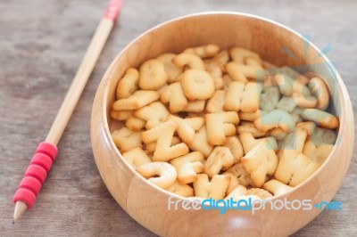 Alphabet Biscuit In Wooden Tray Stock Photo