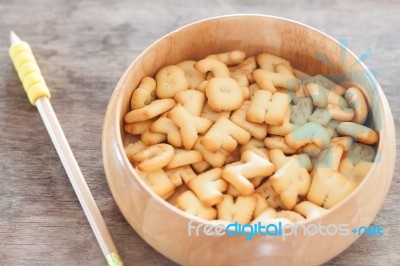 Alphabet Biscuit In Wooden Tray Stock Photo