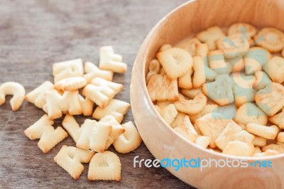 Alphabet Biscuit In Wooden Tray Stock Photo