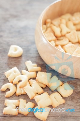 Alphabet Biscuit In Wooden Tray Stock Photo