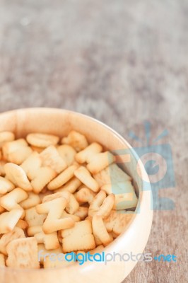 Alphabet Biscuit In Wooden Tray Stock Photo