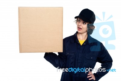 Amazed Young Lady Holding A Sealed Carton Stock Photo