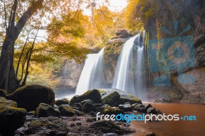 Amazing Beautiful Waterfalls In Autumn Deep Forest At Haew Suwat Waterfall In Khao Yai National Park, Thailand Stock Photo