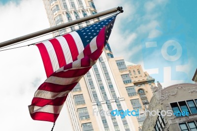 America Usa Flag Waving Building Street City Stock Photo