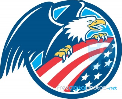 American Bald Eagle Clutching Usa Flag Circle Retro Stock Image