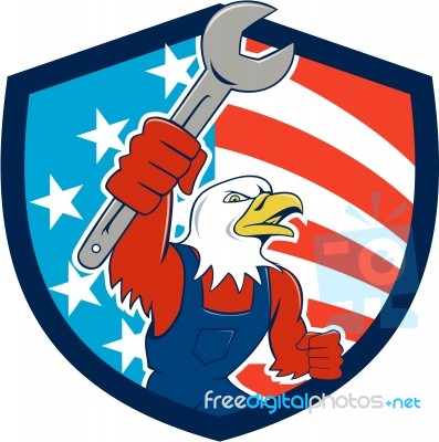 American Bald Eagle Mechanic Spanner Circle Usa Flag Cartoon Stock Image