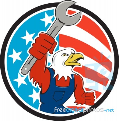 American Bald Eagle Mechanic Spanner Circle Usa Flag Cartoon Stock Image