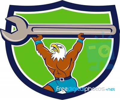 American Bald Eagle Mechanic Spanner Crest Cartoon Stock Image