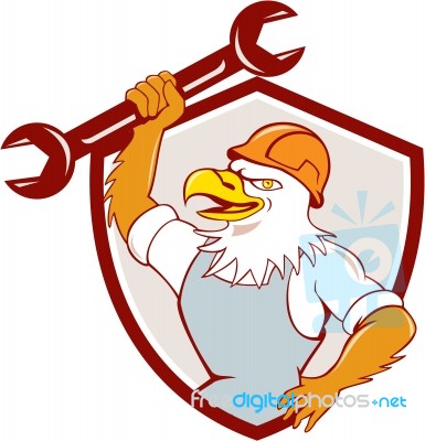 American Bald Eagle Mechanic Spanner Shield Cartoon Stock Image