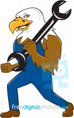 American Bald Eagle Mechanic Wrench Cartoon Stock Image