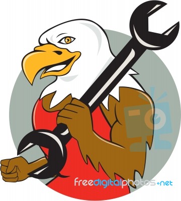 American Bald Eagle Mechanic Wrench Circle Cartoon Stock Image