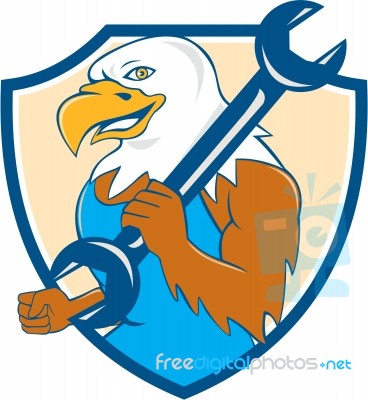 American Bald Eagle Mechanic Wrench Shield Cartoon Stock Image