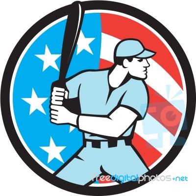 American Baseball Batter Hitter Usa Flag Circle Retro Stock Image