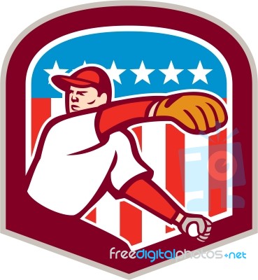 American Baseball Pitcher Throw Ball Shield Cartoon Stock Image