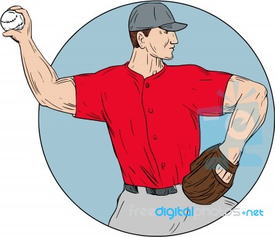 American Baseball Pitcher Throwing Ball Circle Drawing Stock Image