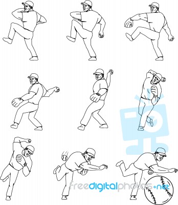 American Baseball Pitcher Throwing Ball Complete Set Stock Image