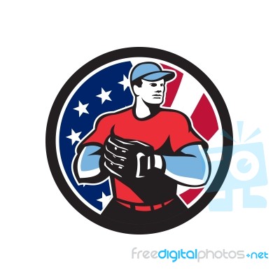 American Baseball Pitcher Usa Flag Icon Stock Image