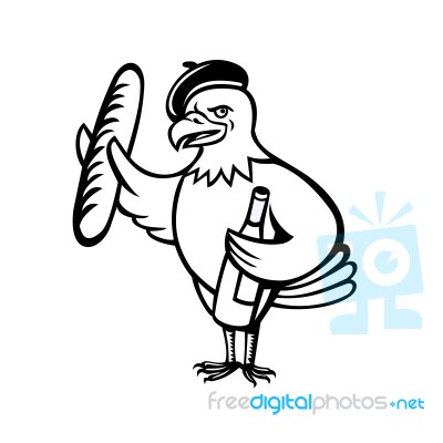 American Eagle Beret Baguette Wine Cartoon Stock Image