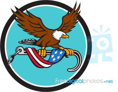 American Eagle Clutching Towing J Hook Flag Drape Circle Retro Stock Image